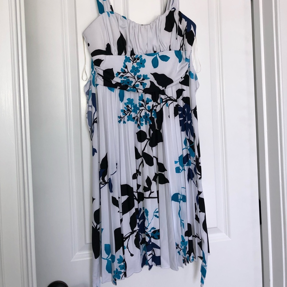 White dress with black and blue design